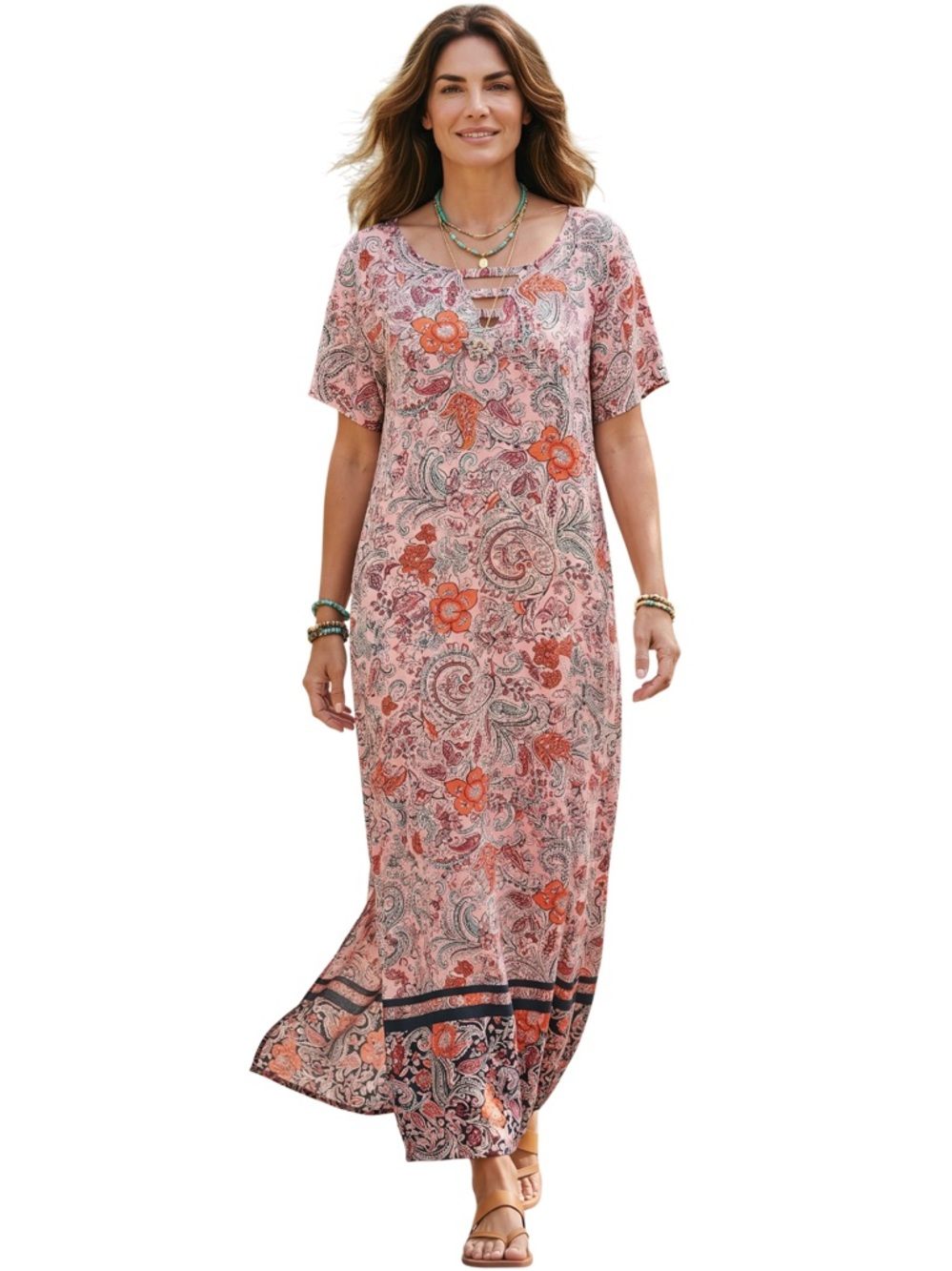 J Jill Maxi Dress Large Boho Paisley Floral Keyhole Neck Short Sleeve Flowy